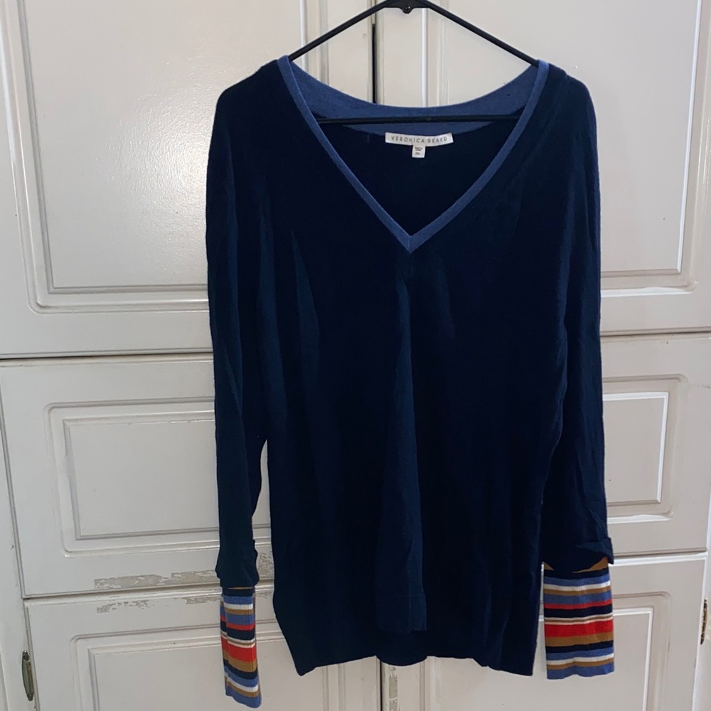 Veronica Beard Deep Blue V-Neck with Striped Cuffs